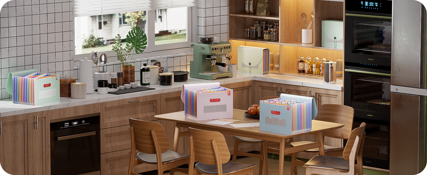 Modern kitchen interior panorama showing multiple angles of wooden cabinets, integrated appliances, and counter spaces with ambient lighting.