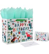 13" Large White Gift Bag Set with Greeting Card and Tissue Papers (Dinosaur Design and Happy Birt...