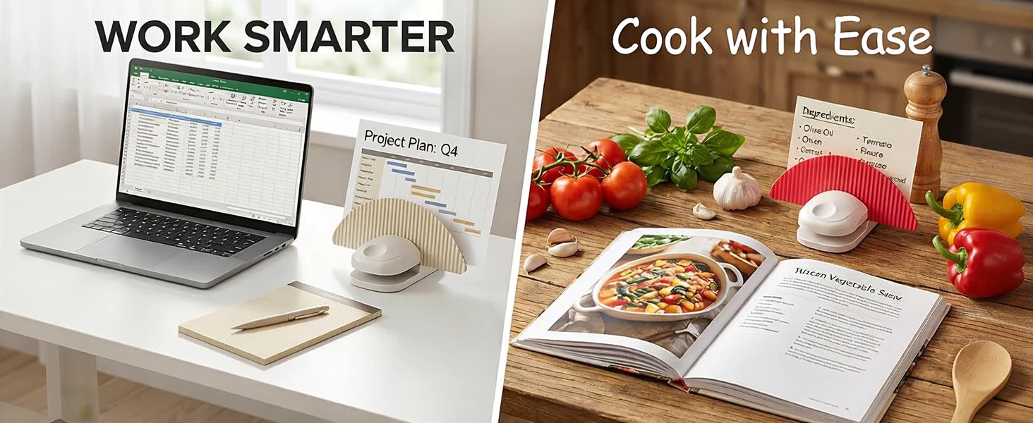 Ergonomic fixed angle copy stand reduces neck strain while viewing worksheets manuals and reports