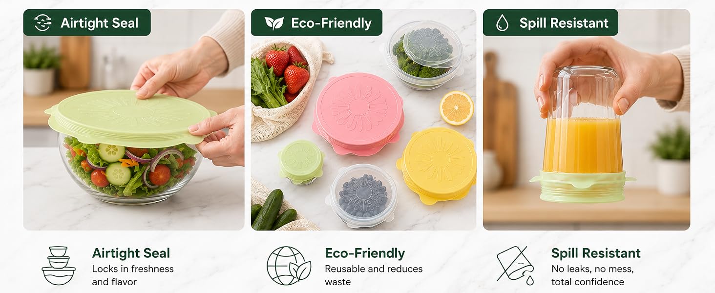 Silicone stretch lids demonstrating airtight seal, reusable eco friendly design and spill resistant