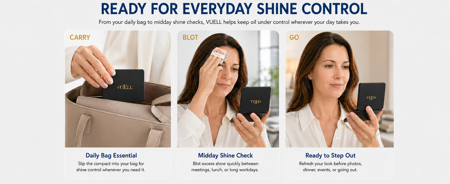 VUELL oil blotting compact for daily bag, midday checks, and on-the-go use