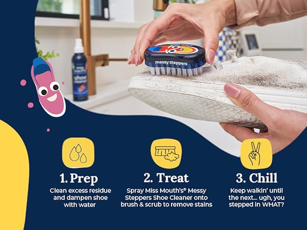 Prep with water, treat with Miss Mouth's shoe cleaner, then chill!