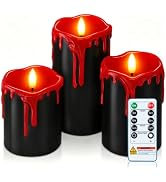 Homemory Black Red Drip Real Wax Flameless Candles, Remote Timer, Set of 3 | Halloween Candles fo...