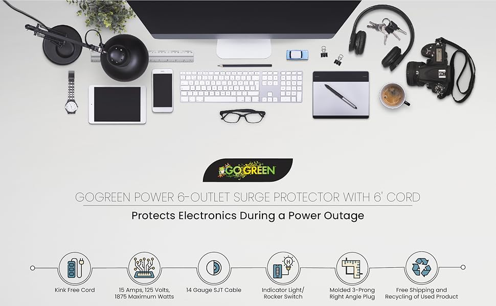 Go Green Power GG-16106MSBK Surge Protector, 6 FT, Black