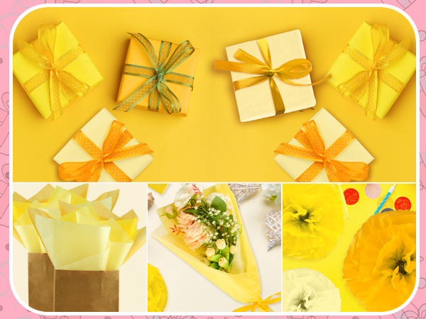 Decorative gift arrangement featuring multiple wrapped presents with yellow and orange bows on yellow background, with food/drink images below.