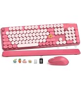 Wireless Keyboard and Mouse Combo, Round Keycaps, Magnetic Wrist Rest, Pink | Full-Size Retro Typ...