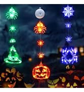 suddus Halloween Window Lights Orange Pumpkin Violet Spider Green Witch Hat | 3 Pack Helloween Li...