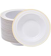 N9R 60PCS Disposable Plastic Bowls with Gold Rim, 12 oz Fancy White Plastic Bowls, Premium Desser...
