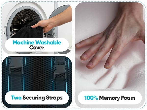 Lumbar support with two securing straps, washable cover, and 100% memory foam