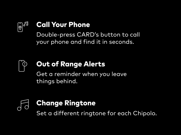 Text reads: 'Call Your Phone - Double-press CARD's button to call your phone and find it in seconds.', 'Out of Range Alerts - Get a reminder when you leave things behind.', 'Change Ringtone - Set a different ringtone for each Chipolo.' Black background with feature descriptions and icons.