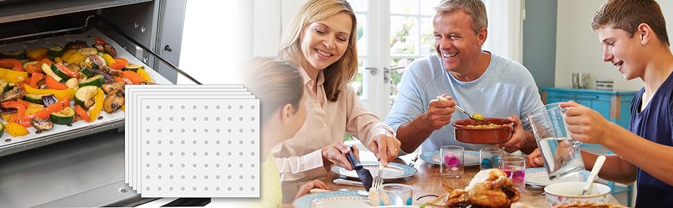 family happily having dinner next to paper liners for toaster oven