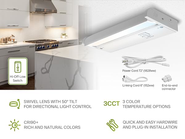 Swivel Lens with 50º Tilt, CRI90+ Rich and Natural Colors, 3CCT, Hardwire and Plug-in Installation