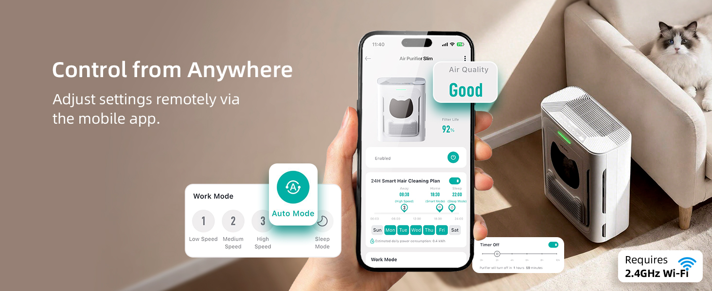Smartphone screen showing pet air purifier app for remote mode switching and auto control