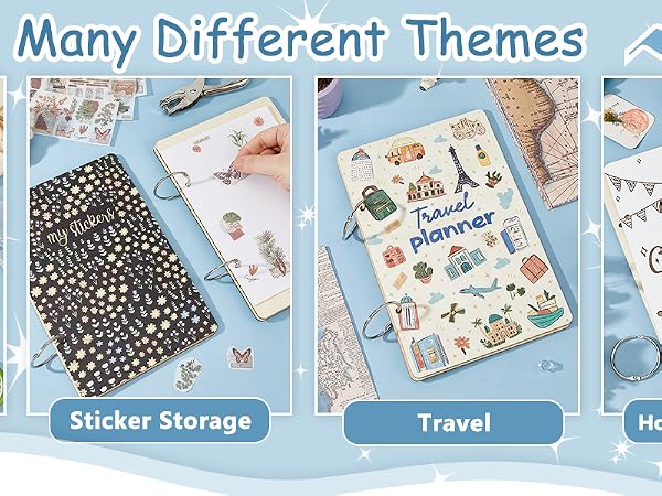 Four themed planner or journal covers displayed: Birthday, Sticker Storage, Travel, and Holiday & Wedding. Each cover features distinct designs related to its theme.