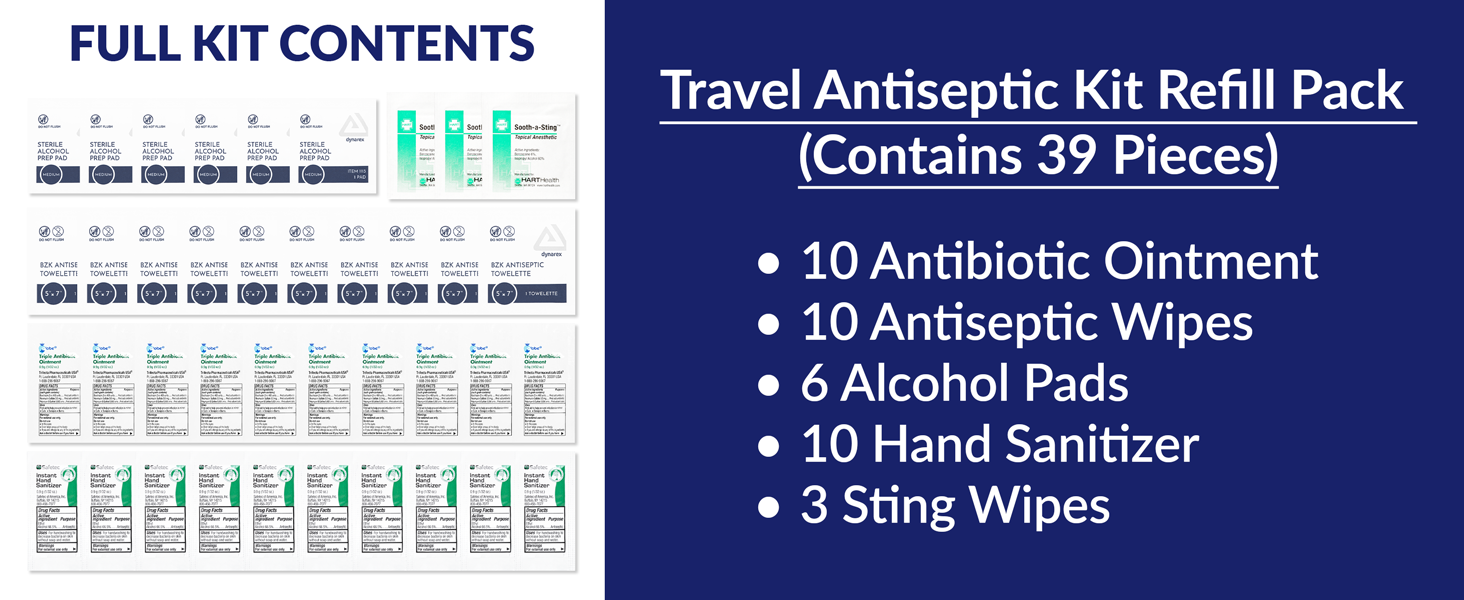 travel antiseptic kit refill pack 39 pieces sting relief BZK triple antibiotic hand sanitizer prep