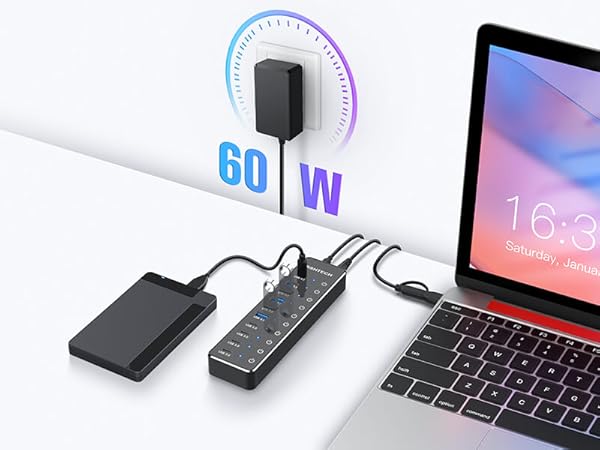 10 port usb c hub 60w