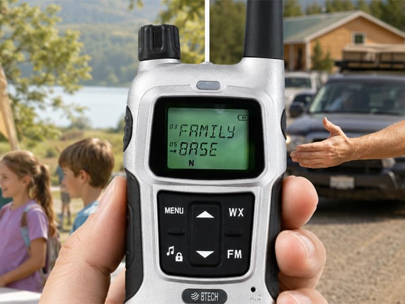 Silver FRS-A1 labeled FAMILY and BASE between family and volunteer scenes
