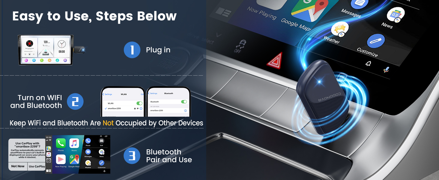 Simple in-car plug-in sets up in three easy steps for quick first-time vehicle installation