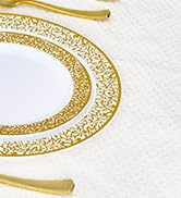150 Count Gold Dinnerware Set, Elegant Plastic Plates Disposable Include: 25 Gold Lace Plastic Pl...