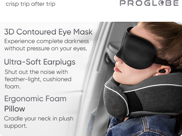 3-D contured Eye Mask, Ultra Soft earplugs and ergonomic foam pillow