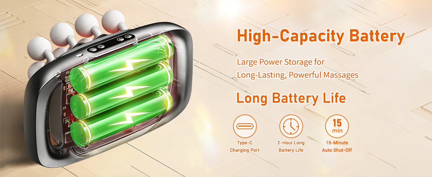 Massager: high-capacity battery, Type-C charge, 15min auto-off