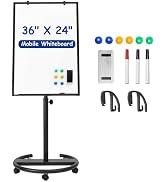 Mobile Whiteboard, 36” x 24” Magnetic Portable White Board on Wheels, Height Adjustable Standing ...