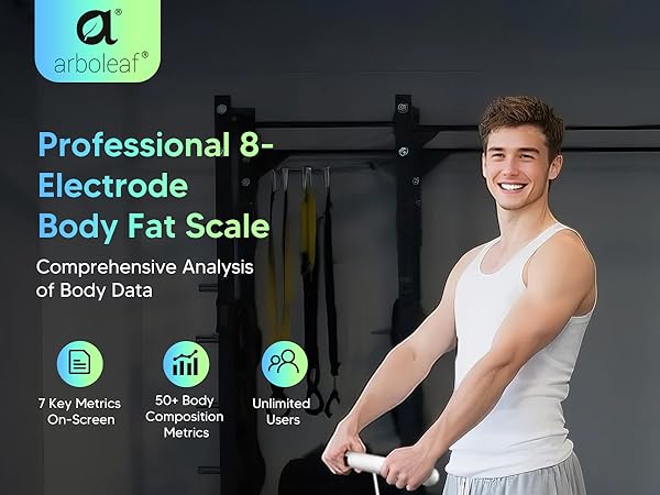 Arboleaf professional 8-electrode body fat scale with male model using handle in gym