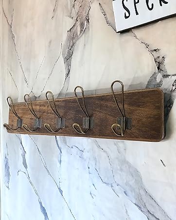 Coat Rack Natural Reclaimed Farmhouse Old Wood Wall Mount 5 Hook Entryway Hallway Jacket Towel Bath