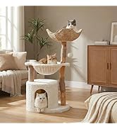 MUTTROS Modern Cat Tree for Large Cats, Wood Cat Tower for Indoor Cats, Real Branch Luxury Cat Fu...