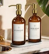 Amber Glass Soap Dispenser Set of 2, 16oz Hand and Dish Soap Dispenser for Kitchen & Bathroom, Go...