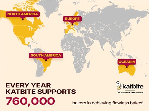 Text reads 'NORTH AMERICA', 'EUROPE', 'SOUTH AMERICA', 'OCEANIA', 'EVERY YEAR KATBITE SUPPORTS 760,000 bakers in achieving flawless bakes!'. World map highlighting regions in yellow and red.