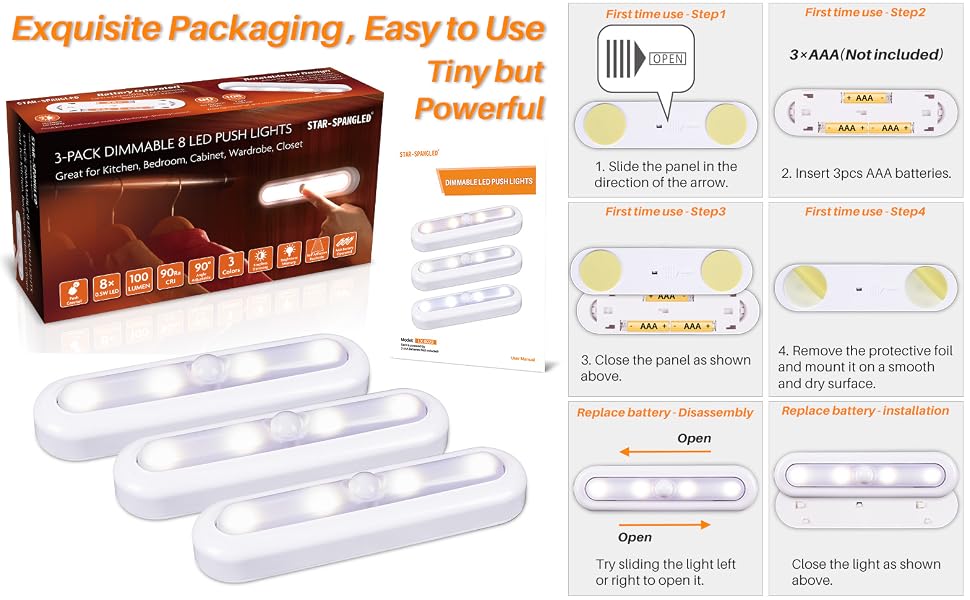 Dimmable Tap lights, Push Lights, Stick on Lights, LED Puck Light, Closet Light, Under Cabinet light