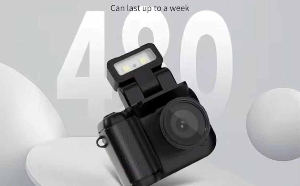 Black compact camera with built-in flash, featuring 480mAh high capacity battery lasting up to a week. Text highlights reliable, stable, long-lasting performance.