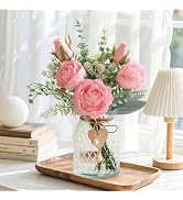 JOHOUSE Fake Flowers in Vase, 12.5 Inch Pink Artificial Flowers with Vase Real Touch Artificial R...