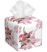 Vintage Roses Leather Tissue Holder,Pink Flowers Square Tissue Box Cover,Modern Decorative Facial...