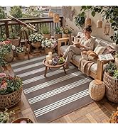 PureCozy Outdoor Waterproof 5x8 Rug for Patio Reversible Plastic Straw Brown Striped Camping Mat ...