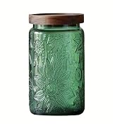 Vintage Glass Storage Jar, Green Sunflower Decorative Jar, 34 FL OZ with Solid Wood Lid, for Stor...