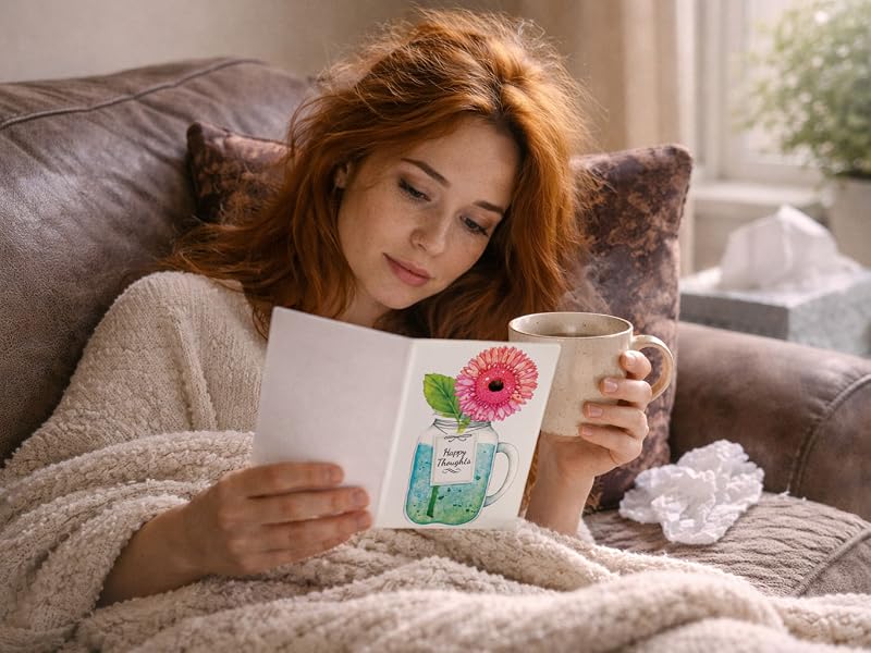 Woman sitting on couch holding get well soon card.