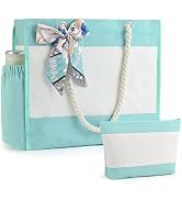 TAOZIM Beach Tote with Makeup Bag, Waterproof Canvas Beach Bag w/Ribbon Personalized Gifts for Wo...