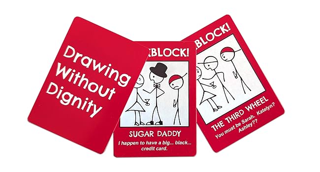 Red cards with stick figure artwork