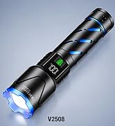 Text reads 'V2508'. Black cylindrical tactical flashlight with blue LED light beam, tactical ribbed grip pattern, and digital display screen on barrel.