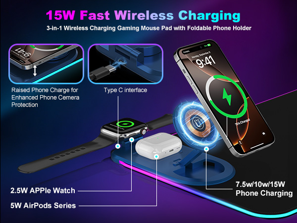 3 in 1 Wireless Charging RGB Gaming Mouse Pad