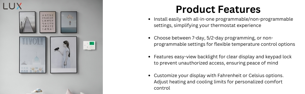 Home thermostat in living room and specs