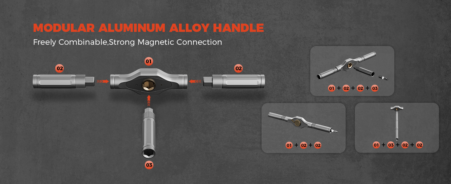 Text reads 'MODULAR ALUMINUM ALLOY HANDLE'. Technical diagram showing different configurations and positions of a modular handle system.