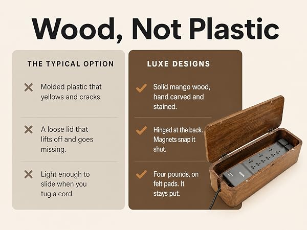 Solid mango wood cable box beside a plain plastic cord box, comparing material