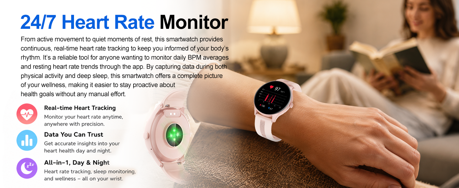 24/7 heart rate smartwatch: tracks BPM during activity and rest. For daily wellness.