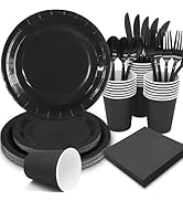 Gudvilla Black Party Supplies Black Plates Disposable Dinnerware Sets,168pcs Party Plates Black P...