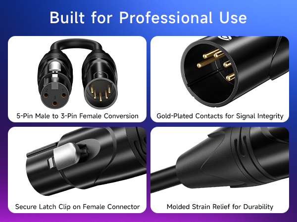 DMX 5 Pin to 3 Pin Adapter Cable for Stage Lights, Mixers, and Lighting Controllers