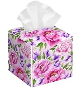 Watercolor Peonies Floral Leather Tissue Holder,Square Tissue Box Cover with Bottom Belt,Modern D...