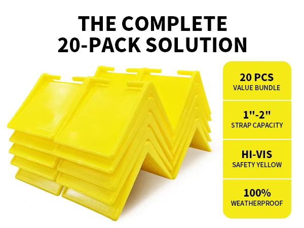 20 pack high visibility yellow weatherproof ratchet strap corner protectors for flatbed trucks.